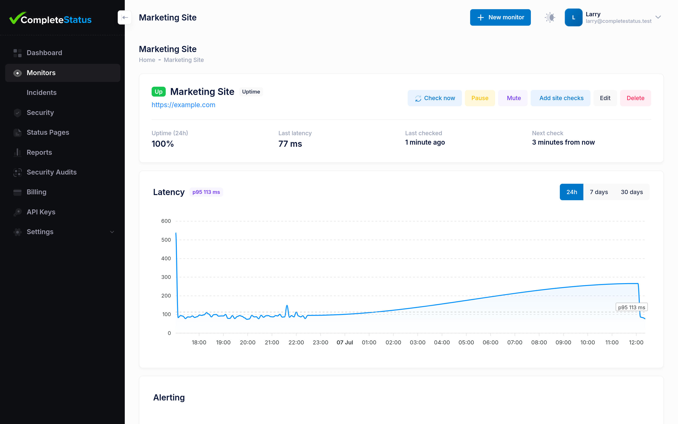 CompleteStatus monitor detail page with a 24-hour latency chart, p95 line, uptime percentage and last-checked timing for a monitored site